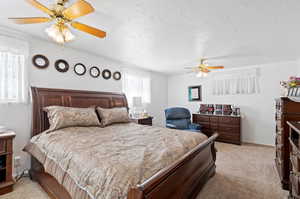 Carpeted bedroom with ceiling fan and a textured ceiling