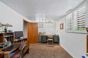 Office space with a textured ceiling and dark carpet