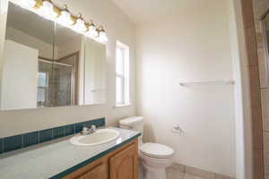 Bathroom featuring tile patterned flooring, vanity, toilet, and walk in shower