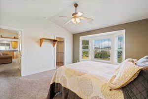 Bedroom with carpet, ceiling fan, a closet, vaulted ceiling, and a walk in closet