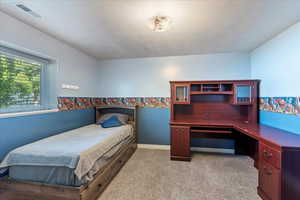 Bedroom featuring a textured ceiling and light colored carpet