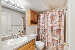 Bathroom with curtained shower, toilet, a textured ceiling, and vanity