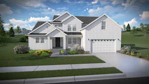 View of front facade featuring a garage, covered porch, and a front lawn