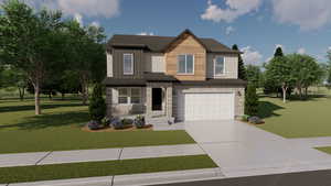 View of front of property featuring a garage and a front lawn