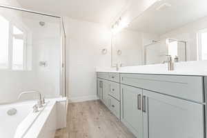 Bathroom featuring wood finished floors, double vanity, a bath, a sink, and a stall shower