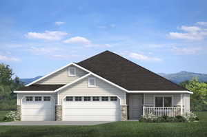 View of front of property featuring a mountain view, a garage, covered porch, and a front lawn