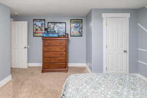 Carpeted bedroom featuring a textured ceiling