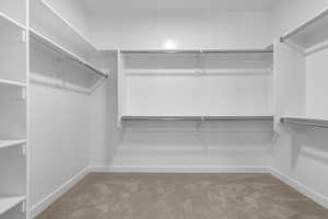 Walk in closet featuring light carpet