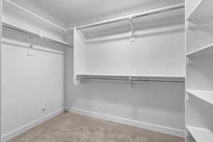 Spacious closet featuring light colored carpet