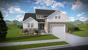 Craftsman house with a mountain view, a garage, and a front yard