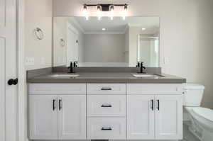 Bathroom featuring ornamental molding, vanity, toilet, and a shower with door