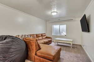 Carpeted living room with ornamental molding