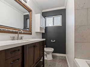 Bathroom with vanity, toilet, and crown molding