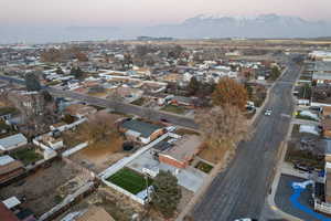 Aerial view at dusk with a mountain view