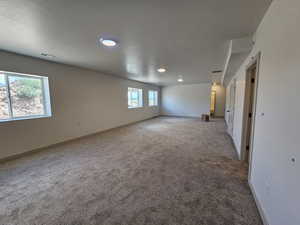 Carpeted spare room featuring a textured ceiling and a healthy amount of sunlight