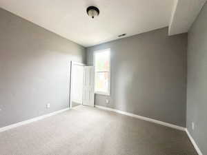 Empty room with lofted ceiling, a textured ceiling, and carpet