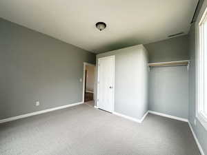 Unfurnished bedroom with carpet floors and a closet