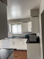 Kitchen featuring dark hardwood / wood-style flooring, dishwasher, sink, decorative backsplash, and white cabinets