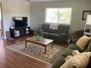 Living room with dark hardwood / wood-style flooring