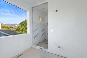 Interior space with a mountain view