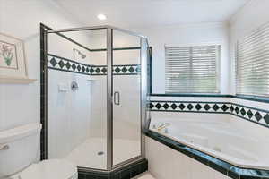 Beautiful master bathroom with double vanity, a jetted tub and a walk-in-shower