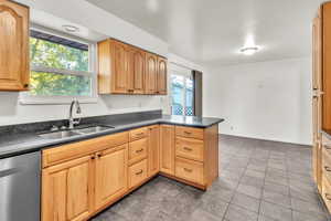 Kitchen with dishwasher, sink, plenty of natural light, and dark tile patterned flooring