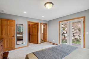 Bedroom featuring multiple windows and light colored carpet