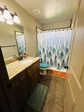 Bathroom with a shower with curtain, toilet, a textured ceiling, and vanity