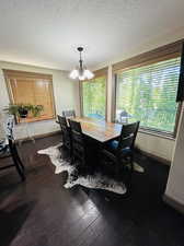 Dining area featuring a textured ceiling, a healthy amount of sunlight, and wood-type flooring