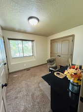 Bedroom with a textured ceiling and carpet flooring