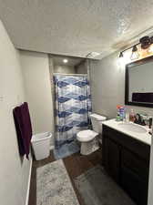 Bathroom featuring vanity, toilet, hardwood / wood-style flooring, and a textured ceiling