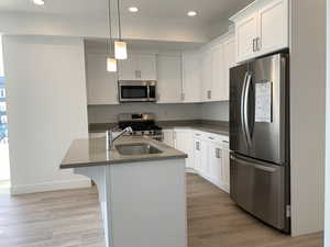 Island Kitchen featuring SS appliances, shaker cabinets, and decorative light fixtures