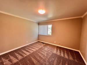 Carpeted empty room featuring crown molding