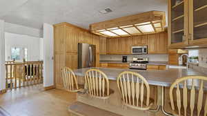 Kitchen featuring light hardwood / wood-style flooring, stainless steel appliances, sink, kitchen peninsula, and a breakfast bar area