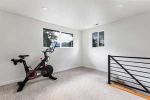 Workout area featuring carpet floors