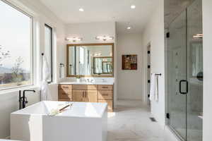 Bathroom with shower with separate bathtub and vanity