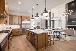 Kitchen featuring premium appliances, an island with sink, light hardwood / wood-style floors, and sink