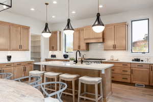 Kitchen featuring an island with sink, light wood-type flooring, pendant lighting, and a healthy amount of sunlight