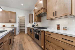 Kitchen with light wood-type flooring, appliances with stainless steel finishes, and decorative backsplash