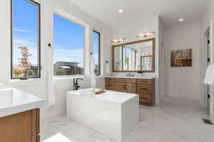 Bathroom featuring vanity and a washtub