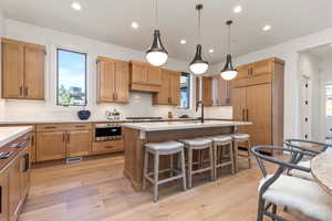 Kitchen with a wealth of natural light, light hardwood / wood-style flooring, an island with sink, and tasteful backsplash