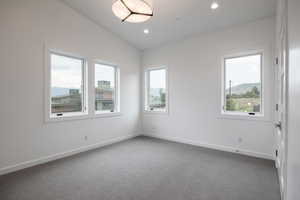 Carpeted spare room featuring lofted ceiling and a healthy amount of sunlight