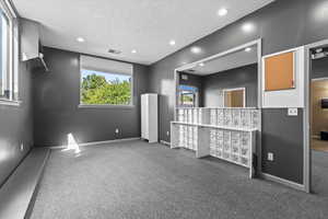 Carpeted empty room with a textured ceiling and plenty of natural light