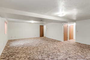 Carpeted spare room with a textured ceiling