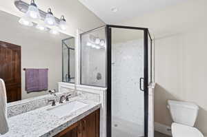 Bathroom with vanity, toilet, and a shower with shower door