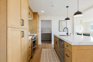 Kitchen with hanging light fixtures, light wood-type flooring, stainless steel appliances, sink, and a center island with sink