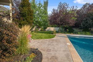 View of pool featuring a yard and a patio