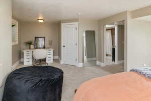 Master bedroom with light carpet and a textured ceiling