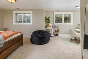 Master bedroom featuring light carpet