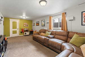 Carpeted living room featuring a textured ceiling